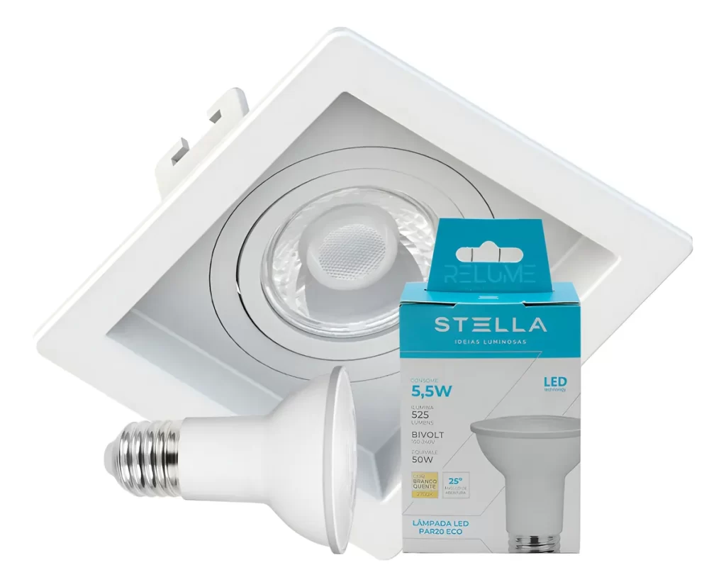 Spot Embutir Quadrado Recuado + Lâmpada Led Par20