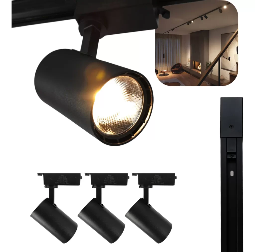 Kit Trilho Eletrificado 1m Preto+ 3 Spots Led 10w Luz Quente