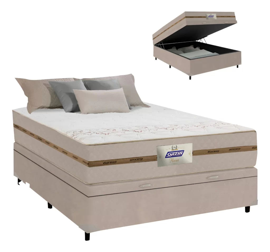 Cama Box Baú Casal Colchão Gazin Bege 138x188x61cm