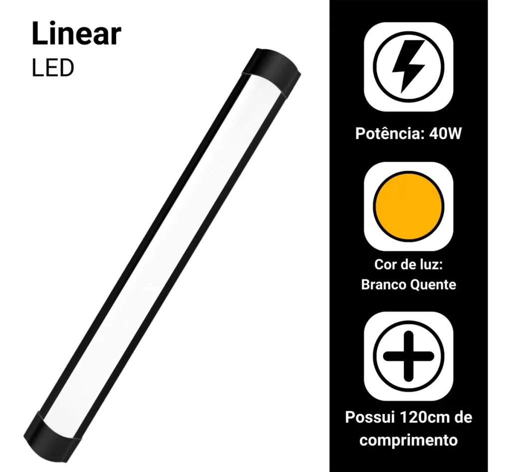 Kit 2 Luminária Sobrepor Preto 120cm 40w