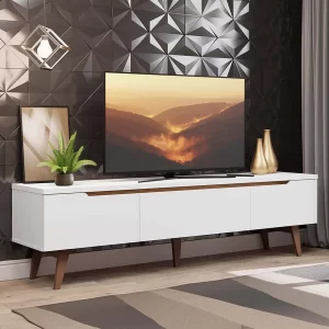 Rack Retrô para TV até 75 Polegadas Pés de Madeira – Branco