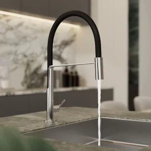 Torneira Gourmet de cozinha fria com bica flexível e suporte – cromado/preto/cinza