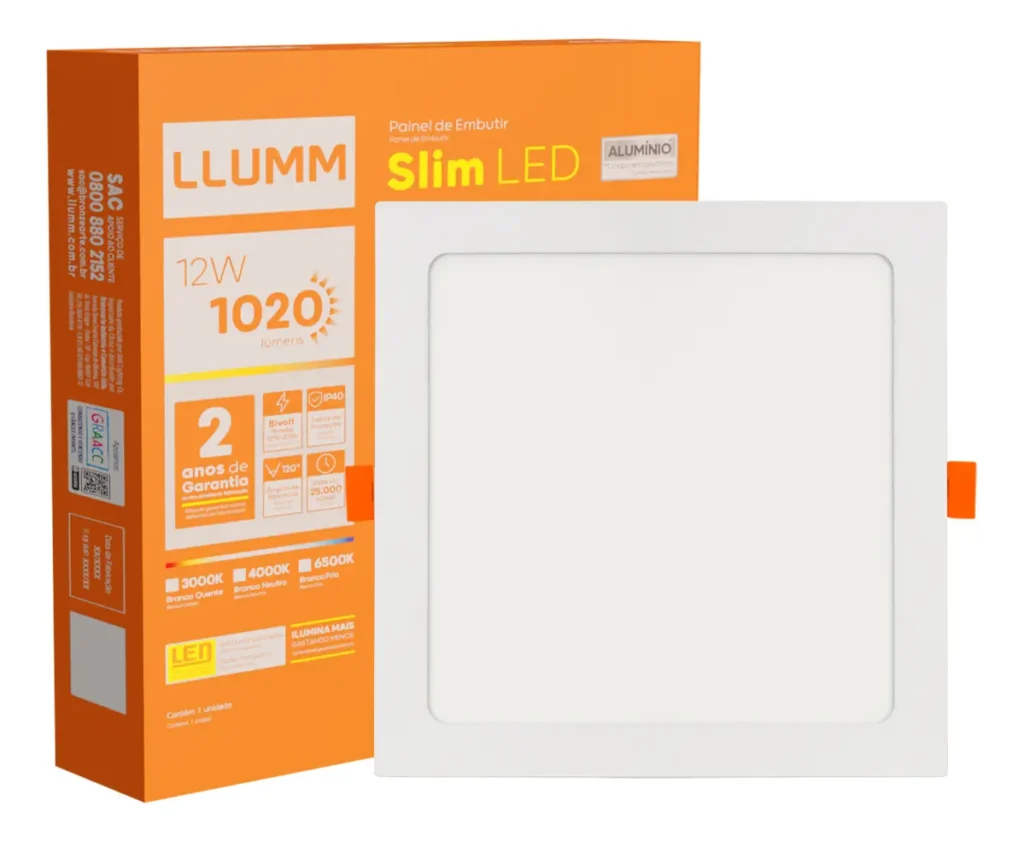 Plafon Slim LED 12W Embutir Quadrado 17X17cm Branco quente 3000K
